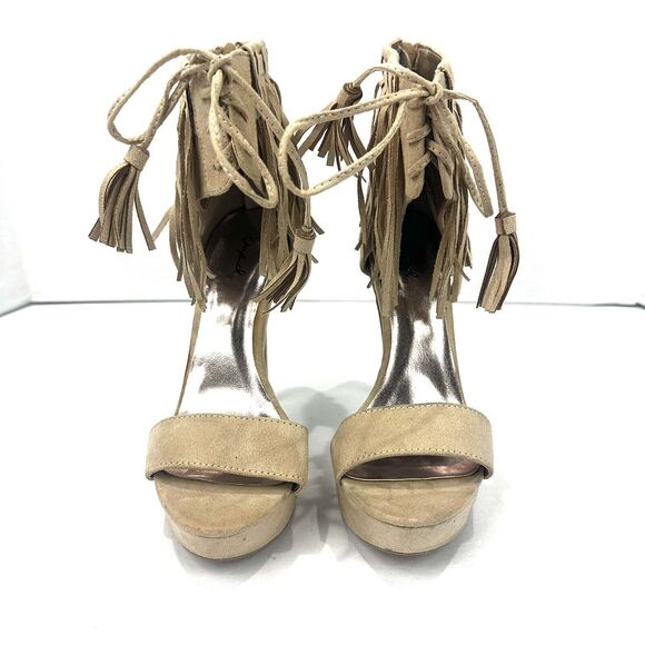 QUPID Womens Shoes Size 6 Fringe Ankle Open Toe Taupe Zip Closure Platform Heels - Picture 2 of 16